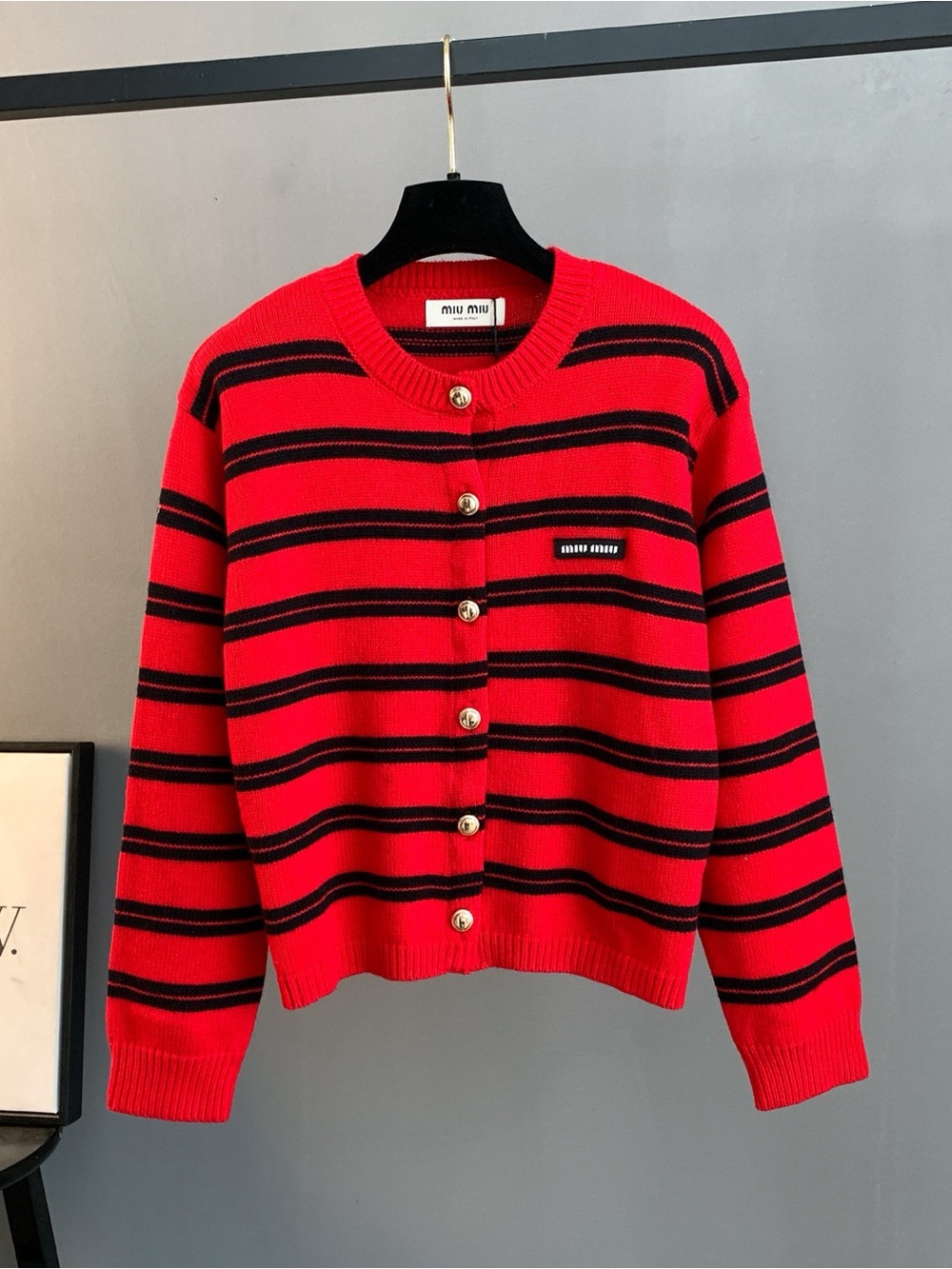 Miu Miu Red Crewneck Sweater Navy Stripes